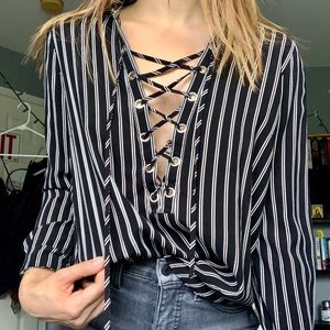 Lace up pinstripe blouse !